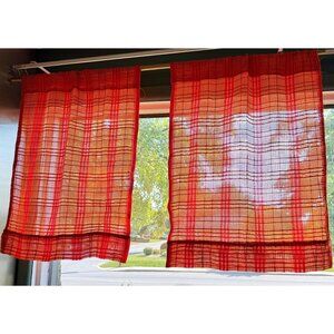 Vintage 70s curtains, red, orange, yellow sheer woven panels, tiebacks, pair
